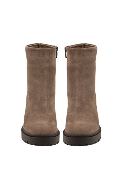 Vario Süet Kalın Topuklu Kadın Bot Vızon Suet