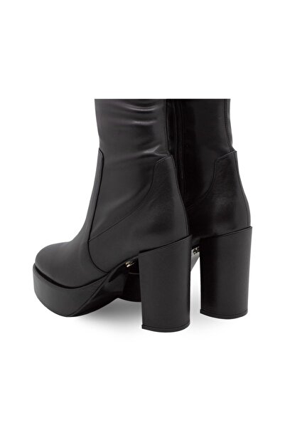 Vario Hakiki Deri Platform Topuklu Diz Üstü Kadın Çizme Siyah Streç (BLACK STRETCH)