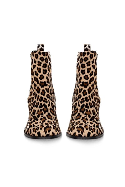 Vario Suni Deri Leopar Desenli Chelsea Kadın Bot Tay Leopar Rugan Kahve C342