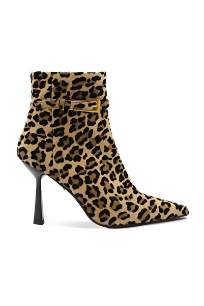 Vario Hakiki Deri Leopar Desenli Tokalı Stiletto Kadın Bot Camoscıo Maculato (BENEKLİ GÜDERİ)