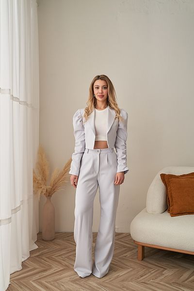 Rabia Çelik Women's Light Gray Sleeves Gathered Jacket Pants Suit