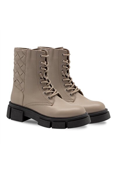 Vario Hakiki Deri Örgü Detaylı Kalın Tabanlı Bağcıklı Kadın Bot Acık Vızon