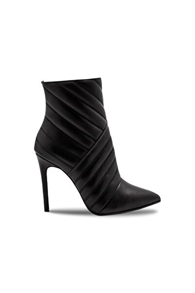 Vario Hakiki Deri Kadın Kapitone Desenli Sivri Burun Topuklu Bot Sıyah (BLACK)