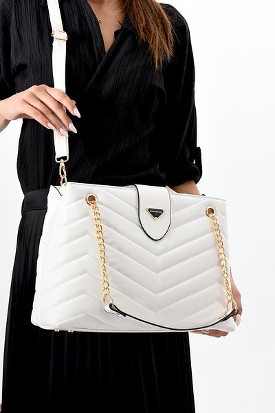 Rezania Women's Faux Leather Quilted Patterned 4 Compartment Shoulder and Hand Bag with Chain Accessory