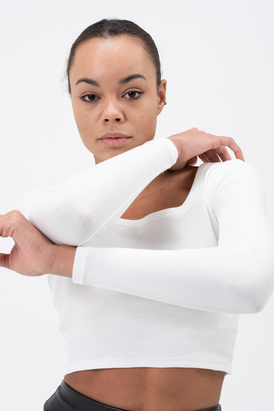 PUNKY CAT Women's White Square Neck Long Sleeve Crop Blouse