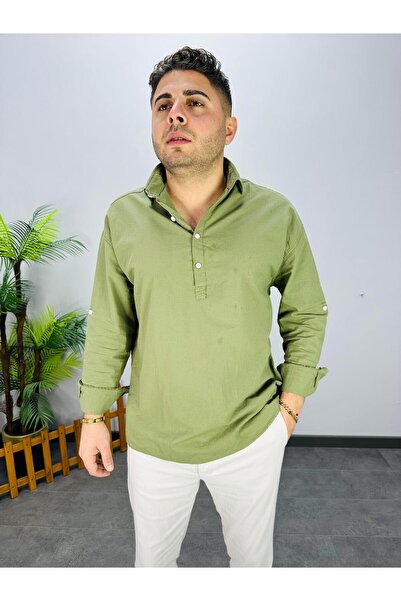 MODA HAKİ YEŞİL YARIM DÜĞMELİ KETEN GÖMLEK