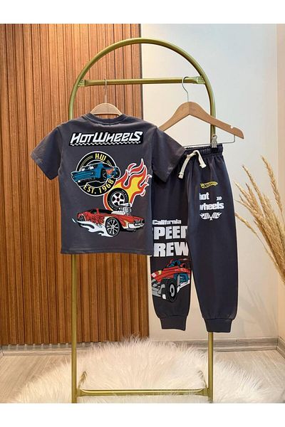 Magu Boys Hot Wheels Printed T-Shirt and Sweatpants Set - Relaxed Fit for Sports and Casual