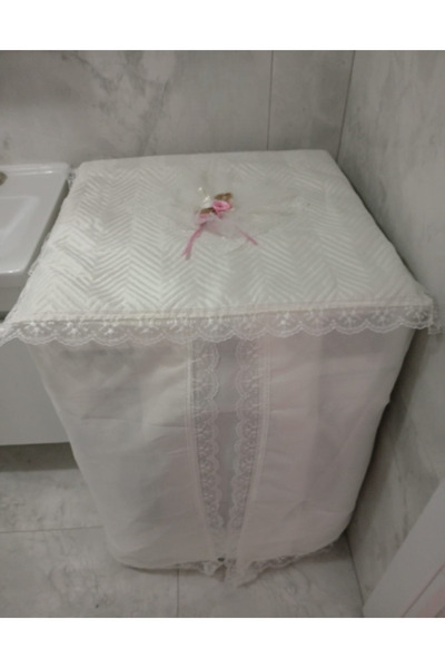 Butik Çamaşır Makinesi Örtüsü Pembe Fiyonklu Güllü Kenar Güpürlü Linen Kumaş ...