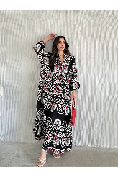 gmbutikk Women's Etnic Patterned Judge Collar Long Sleeve Viscos Maxi Dress