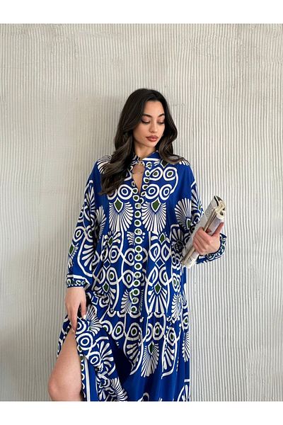 gmbutikk ROCHIE MAXI DE VISCOSĂ CU MÂNECĂ LUNGĂ, CU GULER DOMINANT, CU MODEL ETNIC