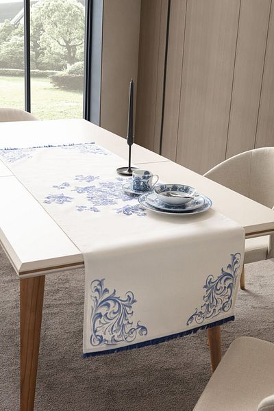 dekomall home & living Λεπτομέρεια ρίγες φούντας Βαμβακερό-Λινό Runner 45x140 cm Κρεμ-Μπλε