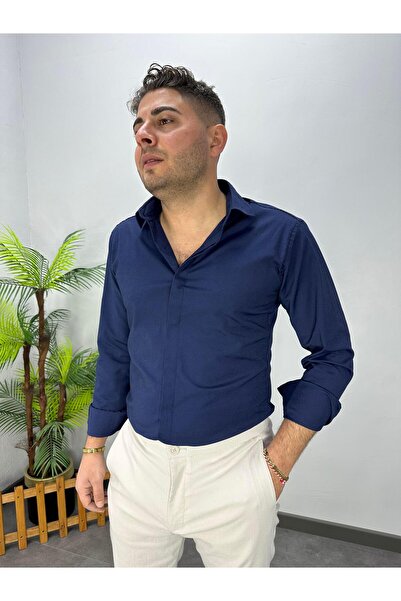 MODA LACİVERT GİZLİ PAT SLİM GÖMLEK