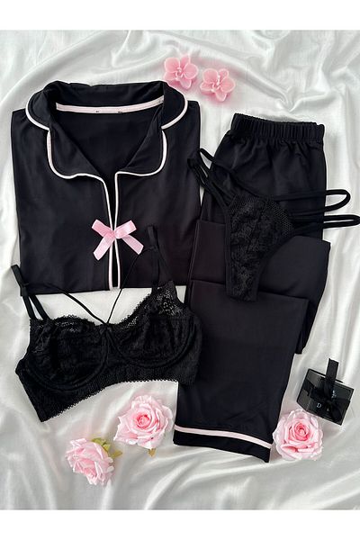 Lena Homewears Set de pijamale cu fundă neagră