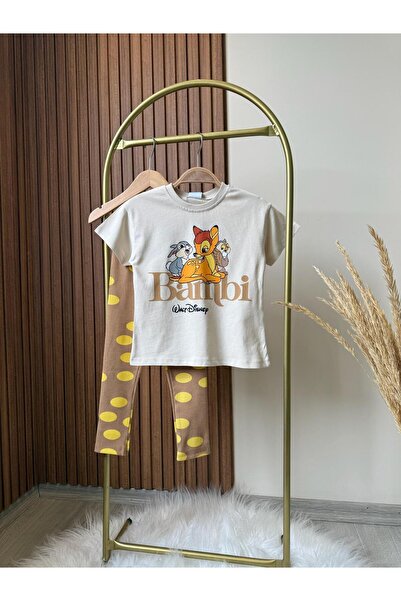 Magu Girl's Bambi Printed T-Shirt and Patterned Leggings Set – Comfortable and Stylish Daily Combination