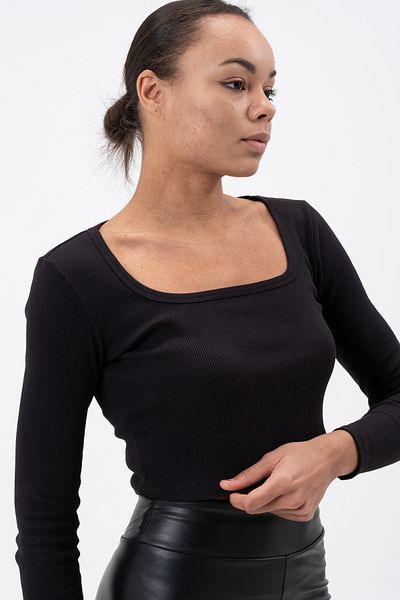 PUNKY CAT Women's Black Square Neck Long Sleeve Crop Blouse