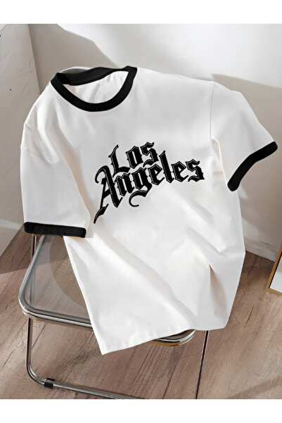 Revasser Unisex Erkek/Kadın Beyaz Siyah Yaka LosAngeles Özel Baskılı Oversize...