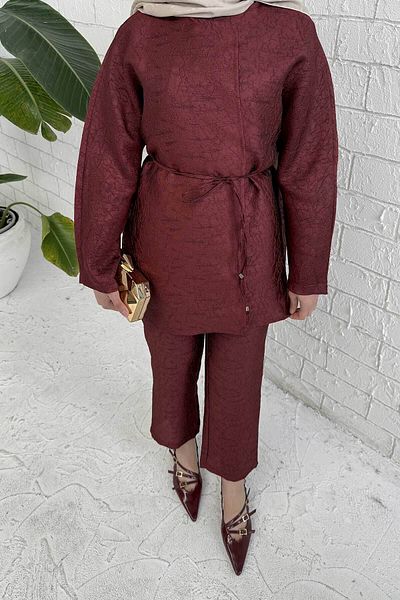 Melike Tatar Claret Red Jacquard Suit 32-2313
