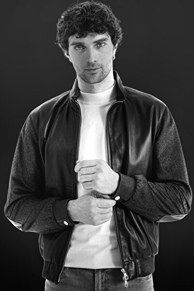 Lebeni Erkek Lacivert Yün Kumaş ve Siyah Kuzu Derisi Bomber Mont - Hakiki Der...