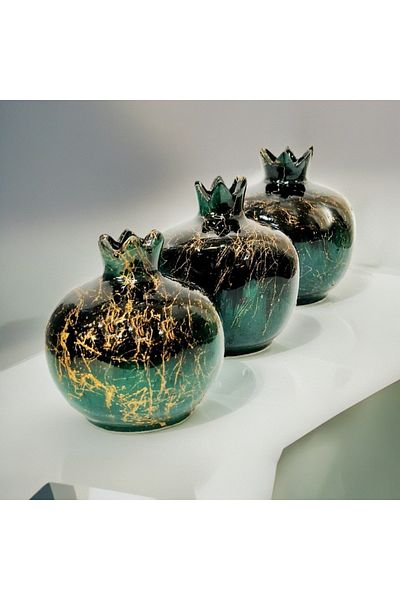 Ege 3-Piece Tile Pomegranate Set Emerald Green Black Marble Patterned Yellow Gilt Marble Pattern Pomegranate Set