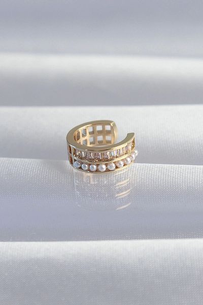 Clariss Brass Gold Color Pearl Baguette Stone Earcuff Earrings