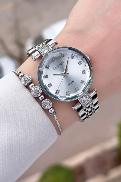 Ferrucci Gri Renk Ayarlanabilir Kordonlu 32 mm Kadın Kol Saati ve Bileklik