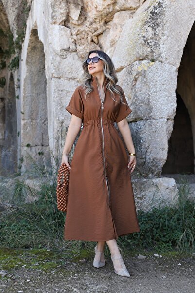 bytugcekaya Kahve Boydan Fermuarlı Elbise