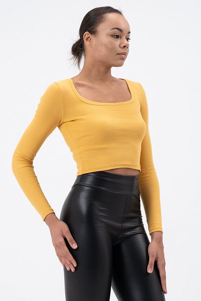 PUNKY CAT Women's Yellow Square Neck Long Sleeve Crop Blouse