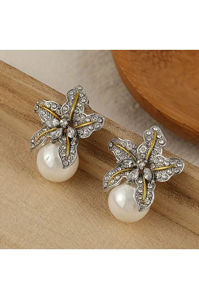 Eva Flore Vintage with Flower Pattern and Ribbon Design Pearl Earrings