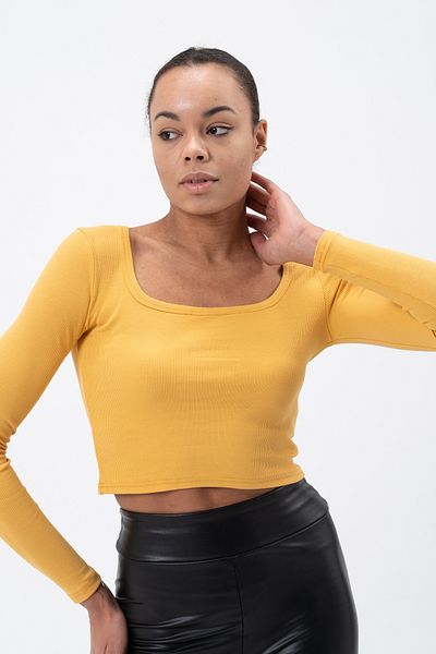 PUNKY CAT Women's Yellow Square Neck Long Sleeve Crop Blouse