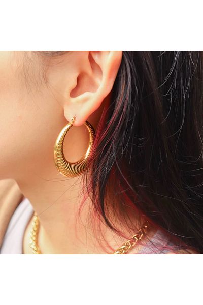 Siya Silver Vintage Striped Curved Steel Hoop Earrings-3,2 cm