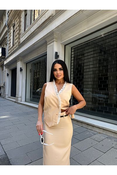 LB Laluna Butik Γυναικείο Δαντελένιο Σετ Γιλέκο και Φούστα με λεπτομέρειες