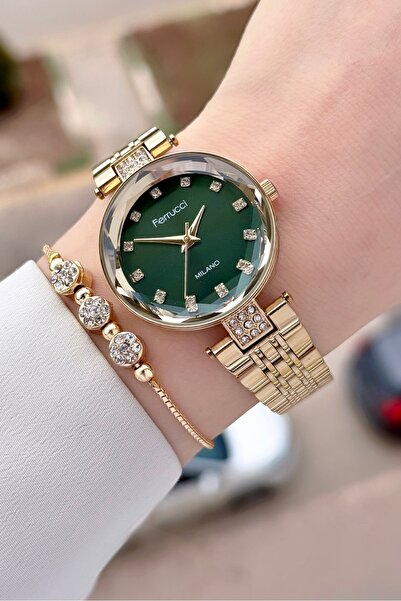 Ferrucci Kadranı Yeşil Kordonu Gold Renk 32 Mm Kadın Kol Saati Ve Bileklik
