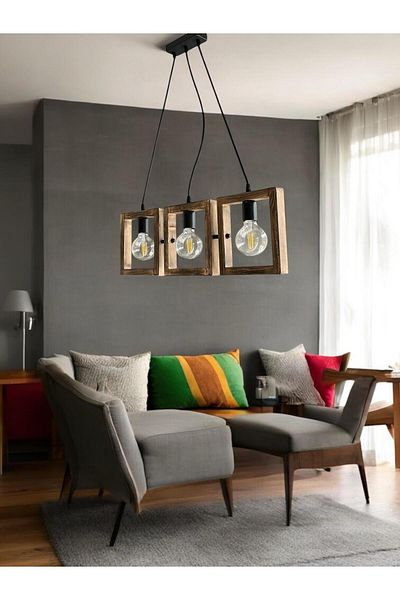 ONUR AVİZE Retro Rustic Decorative Antique 3-Piece Natural Wood Chandelier