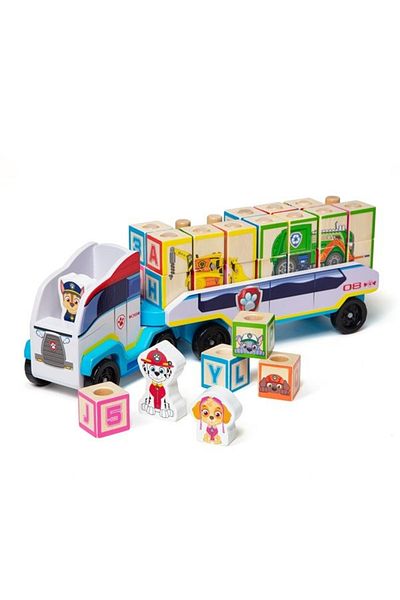 Melissa & Doug Camion cu remorcă, 28 de cuburi din lemn cu litere și 3 figurine Patrula Cățelușilor