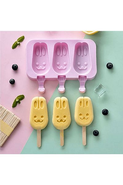 Micostore Silicone Ice Cream Mold, Bunnies, 3 Cavities With Silicone Lid 50 Sticks