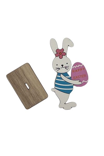 Micostore Figurină din lemn cu suport, Iepuraș de Paște cu ou, 15 cm, Paște fericit, Paște fericit