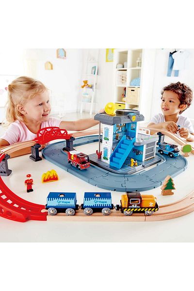 Hape Wooden Toy - Train And Emergency Services Set (55 PIECES)