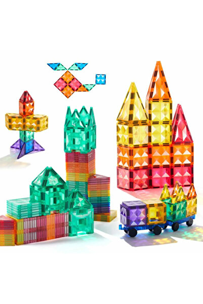 Mideer Set De Constructie Magnetic, 100 magna tiles si 2 masinute magnetice, Placi Magnetice Colorate