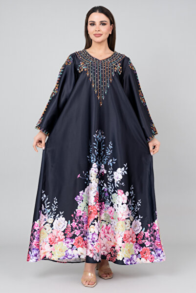 IKKXA جلابية مزينة بطبعات الزهور وتطريز الكريستال