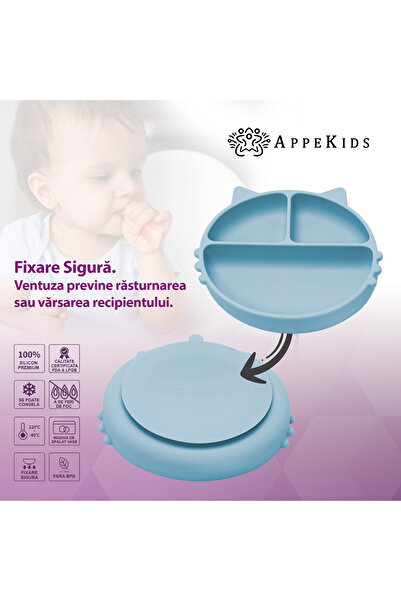 APPEKIDS Πλάκα σιλικόνης με χωρίσματα και βεντούζα, - Kitty - Aqua Blue
