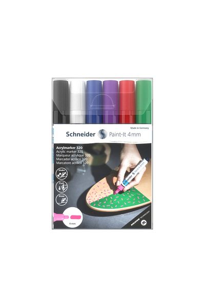 SCHNEIDER Set Of 6 Paint-it 320 Acrylic Paint Markers, 4 Mm, Black, White, Blue, Purple, Red, Green