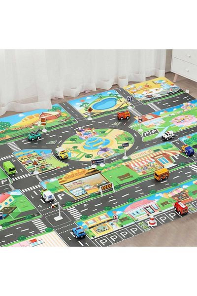 Micostore Covor Copii Cu Traseu Auto Masini, 130 X 100 Cm, Circuit Cu Semne De Circulatie, Impermeabil