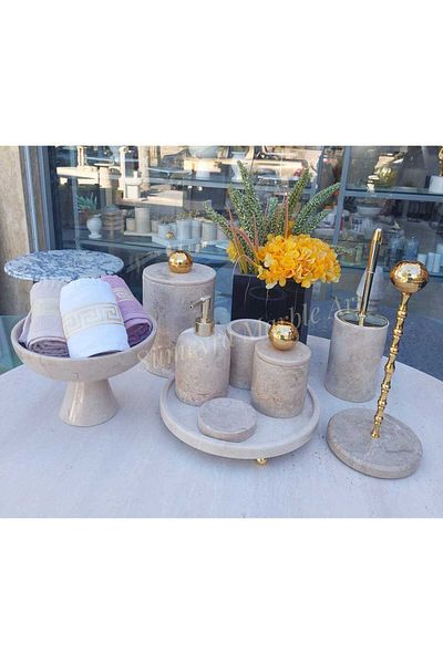Sümeyra Marble Art Cannes - Natural Beige Marble Bathroom Set - 9 Pieces