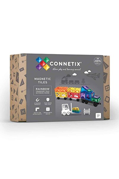 Connetix Magnetic Construction Set, 50 Pieces, Geometric Shapes, Car Wheels, Rainbow Transport Pack