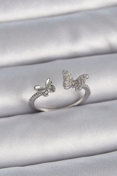 Store Brass Silver Color Adjustable Zircon Stone Butterfly Model Women's Ring