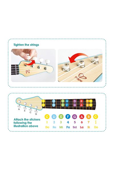Hape Wooden Toy Instrument Ukulele (GUITAR) White Kids Learn To Play With Lights
