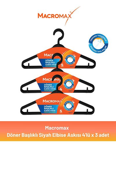 MACROMAX Rotating Head Clothes Hanger Black 4 X 3 Pieces