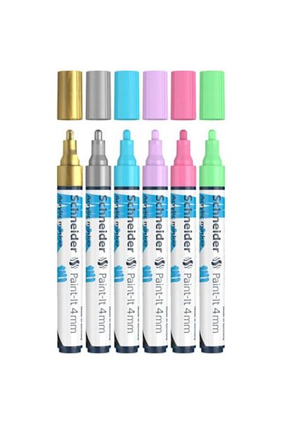 SCHNEIDER Set Of 6 Acrylic Paint Markers, Paint-it 320, 4 Mm, Gold, Silver, Pastel Blue, Purple