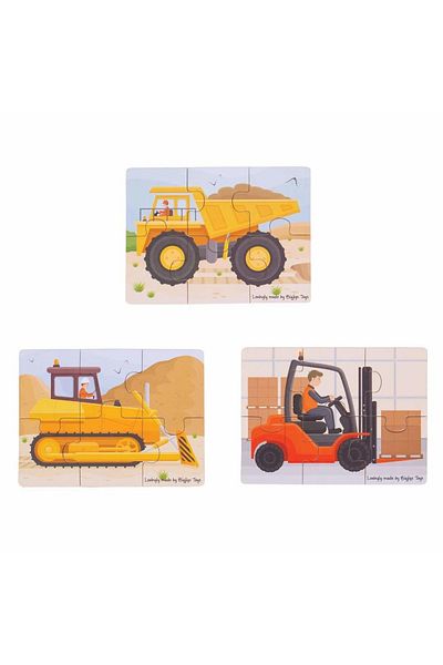 BIGJIGS Toys Set of 3 Wooden Puzzles - Construction Vehicles