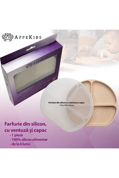 APPEKIDS Farfurie Compartimentata Din Silicon Cu Ventuza Si Capac, - Bubble Beige